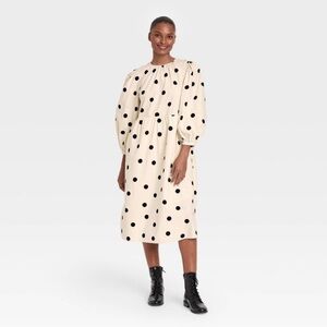 New Oversized Polka Dot Dress Parachute Puff Sleeve Ecru Black Midi Maxi Size L